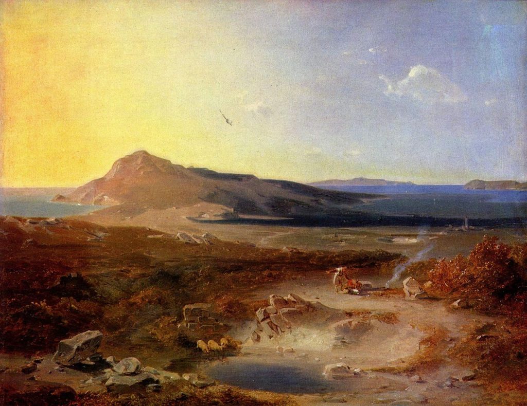 Painting of Delos Island by Carl Anton Joseph Rottmann. It depicts the ancient ruins and natural beauty of the island.