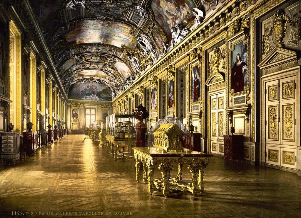 Historical photograph of the Gallery of Apollo in the Louvre, Paris. It was taken between 1890 and 1900. A beautiful display of artworks.