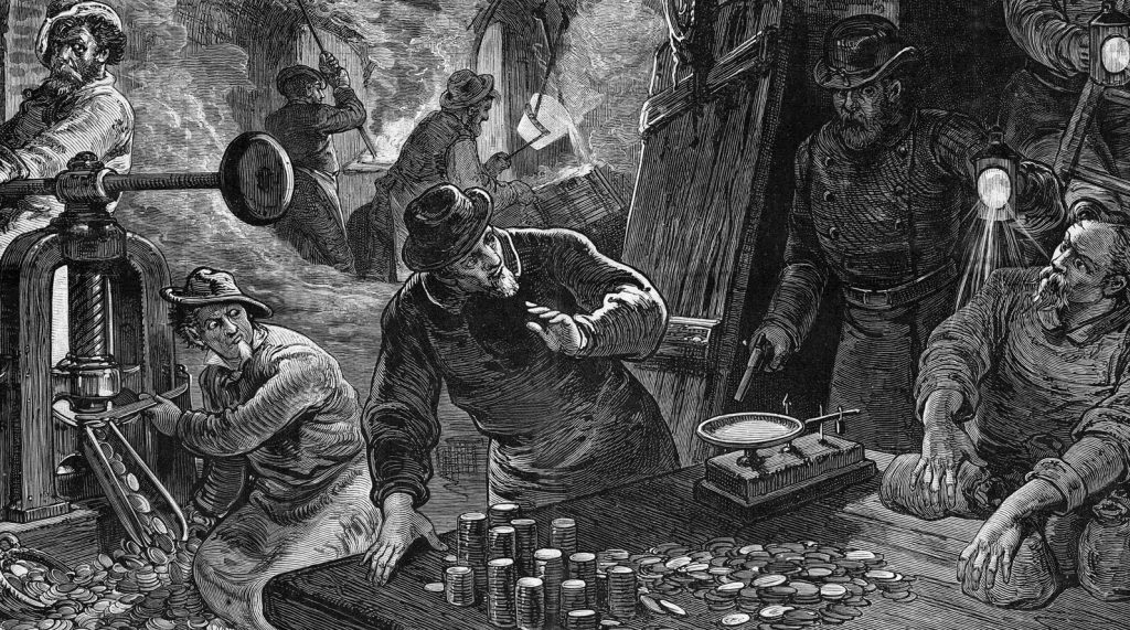 Secret Service counterfeit paper money and coin raid in 1875