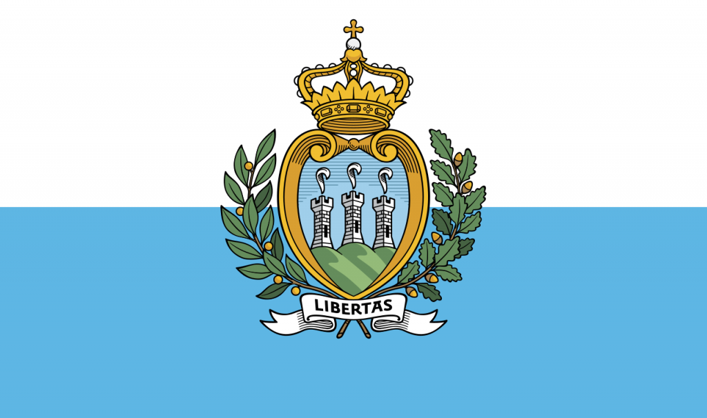 The flag of San Marino, consisting of white and light blue horizontal stripes with the national coat of arms in the center, symbolizing the country's heritage.