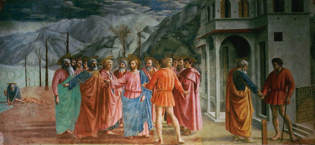 Masaccio's "Tribute Money," a fresco depicting Jesus and Peter in front of tax collectors.