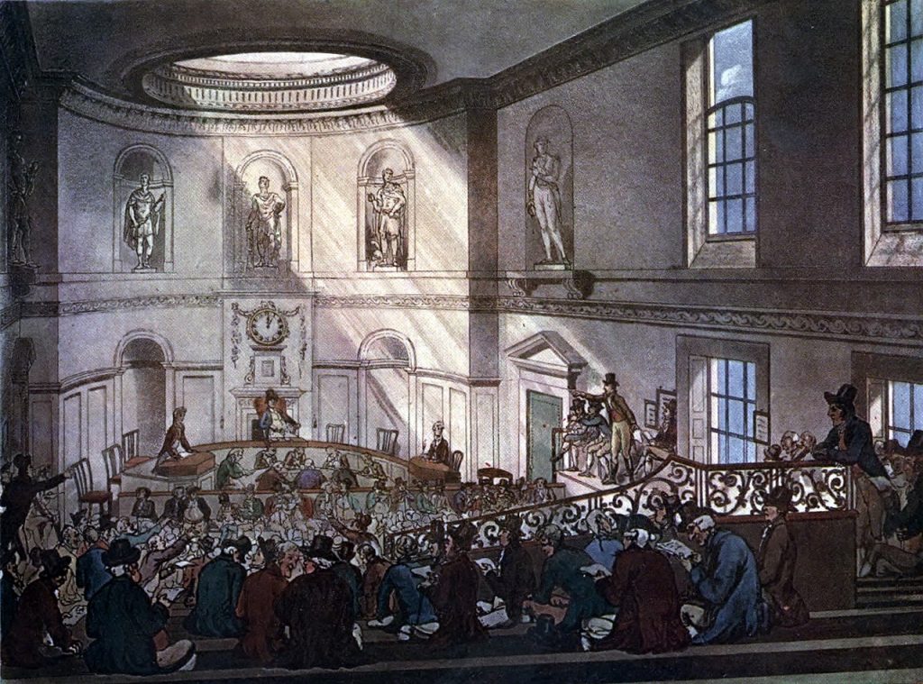 India House, the Sale Room, a historic site in The City of London associated with the British East India Company.