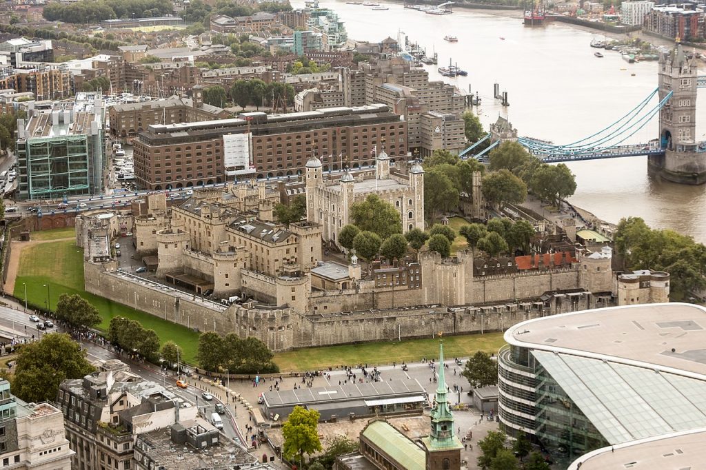 View of the Tower of London from the Sky Garden, showcasing the historic fortress and skyline.