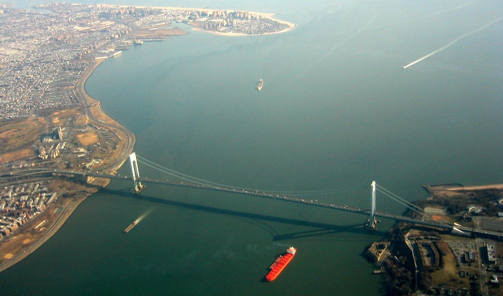 Aerial photograph of the Verrazano-Narrows Bridge in 2003. In the New York Harbor.