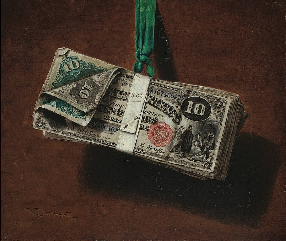 Realistic painting of a stack of paper money by French–American artist and paper money counterfeit Victor Dubreuil