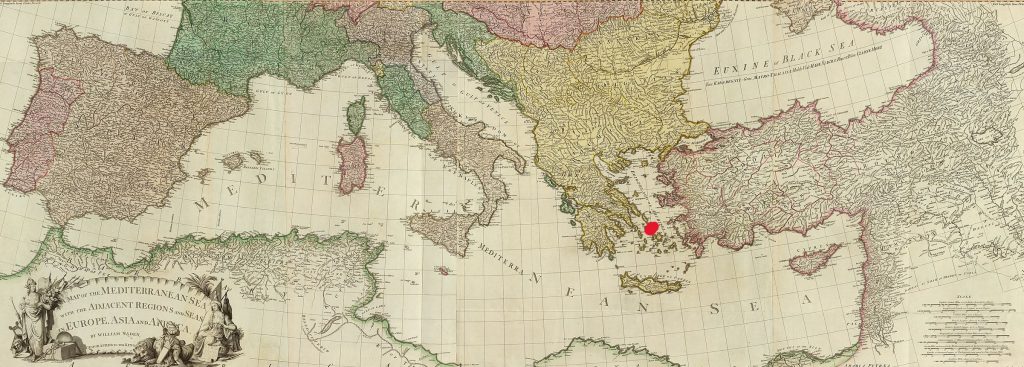 Composite map of the Mediterranean by William Faden (1785). It highlights Delos Island in red. Displays maritime routes and geographic features.