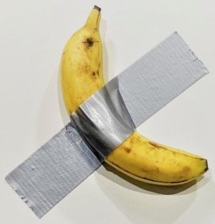 Maurizio Cattelan's The Comedian, the second of a limited edition of three artworks. Sold for $6.2 million in November 2024.