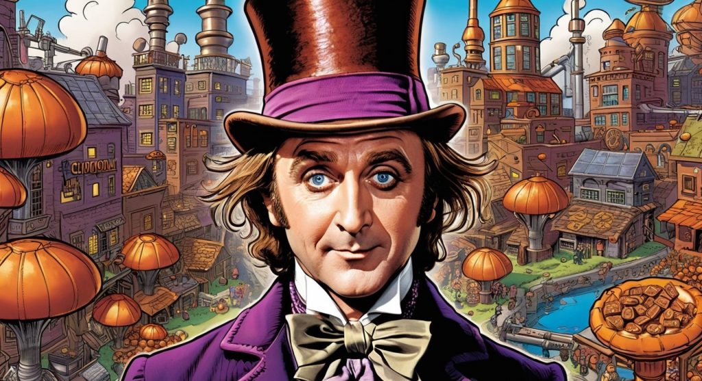 Willy Wonka in front of chocolate factories, benefitting from the sweet financial incentives in cocoa production and chocolate consumption.