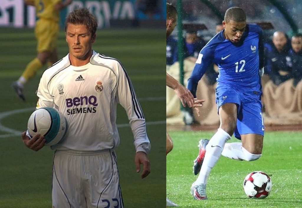 A side-by-side photo of David Beckham in 2007 and Kylian Mbappé in 2017, highlighting two football icons a decade apart. Both having benefitted from tax incentives in Spain.