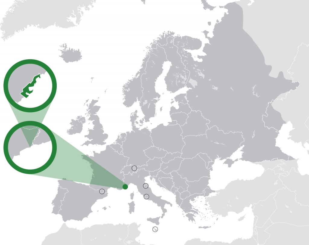Map of Europe showing specific locations including Monaco, Andorra, the Vatican, Liechtenstein, and San Marino.