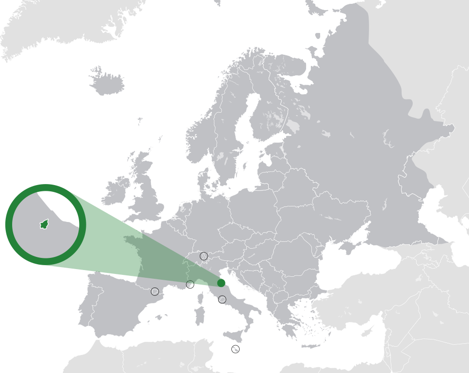 Detailed map showing the location of San Marino in Europe, highlighting its borders with Italy and nearby regions. The map also highlights Vatican City, Monaco, and Andorra.