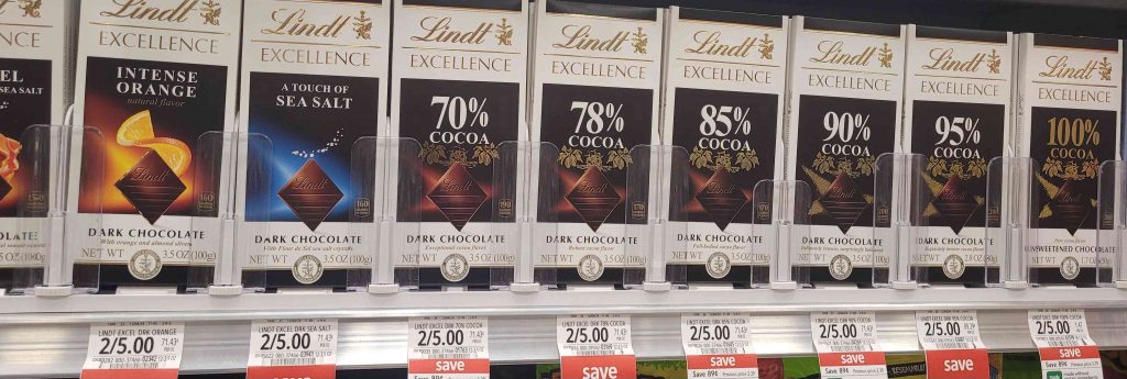 Discount retail price of Lindt chocolate tablets in a US supermarket with financial incentives for consumers to purchase them.