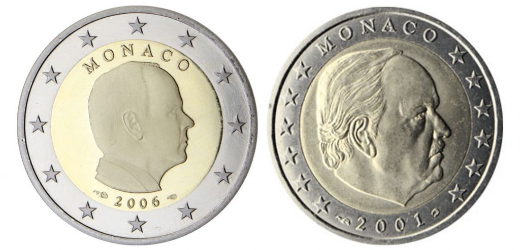 2 Euro coins from Monaco: Rainier III in 2001 and Albert II in 2006.