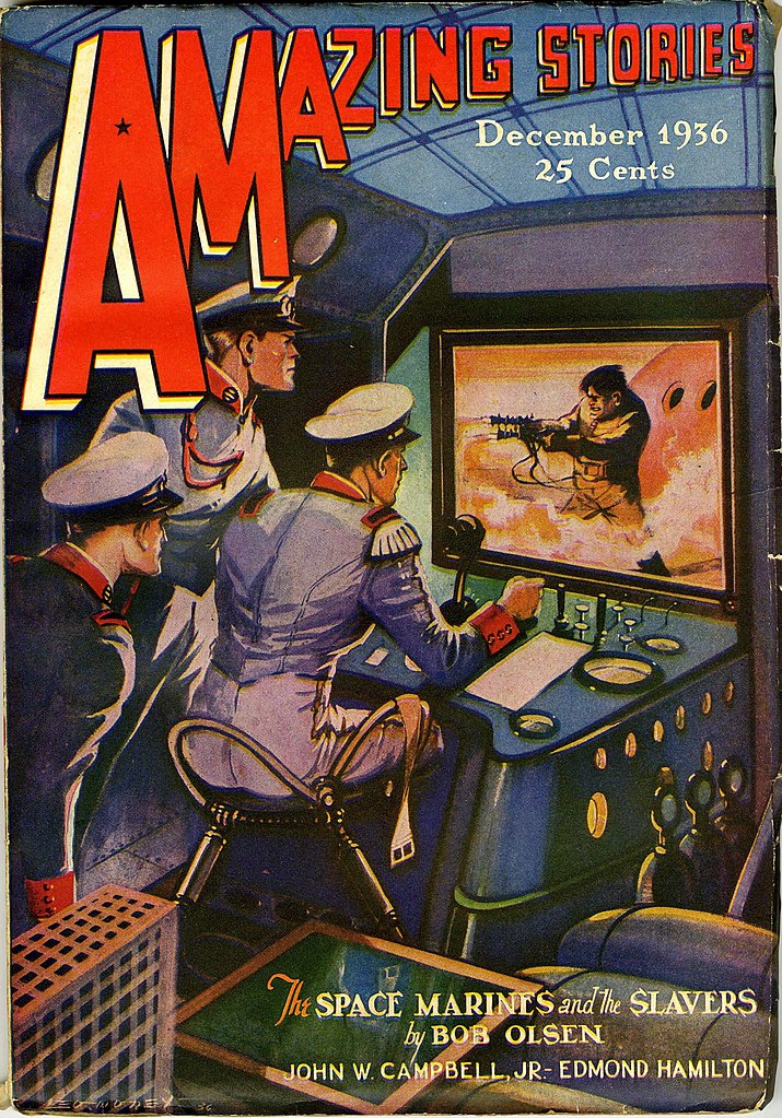 December 1936 cover of Amazing Stories, featuring space marines in a sci-fi illustration.