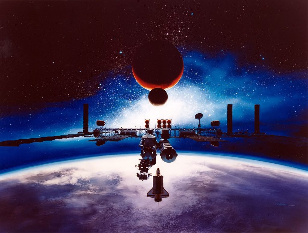 Alan Chinchar's 1991 painting of the Space Station Freedom in orbit. Depicts a complete space station with the Moon and Mars in the distance.
