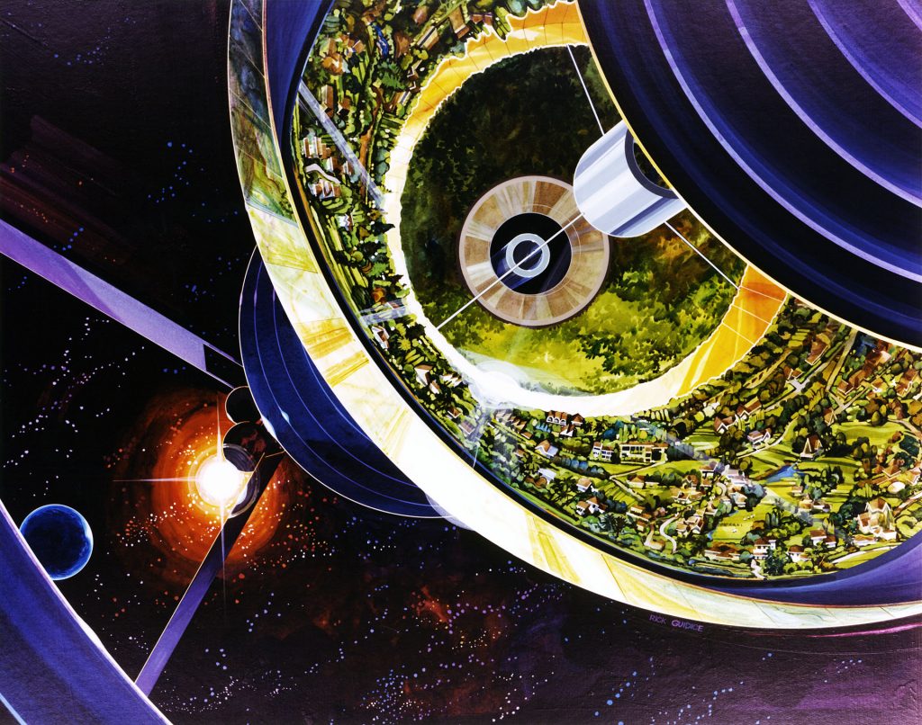 Cutaway view of Bernal Sphere. Space colony 1970s painting. NASA Ames Research Center.