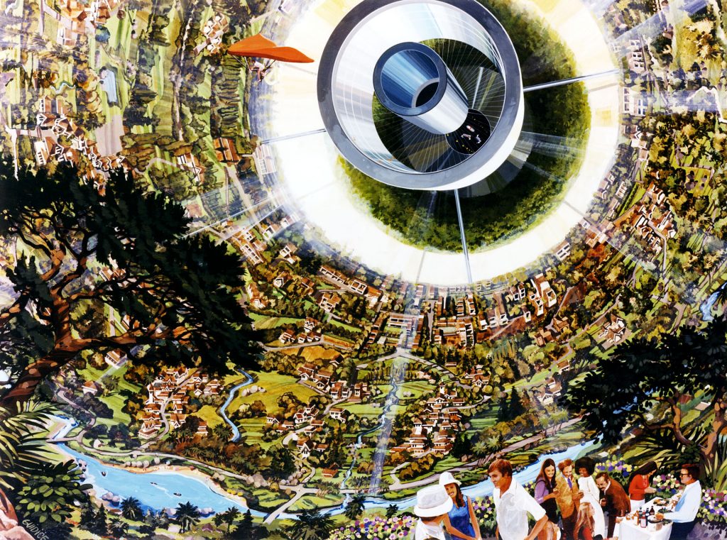 Interior view of Bernal Sphere. Space colony 1970s painting. NASA Ames Research Center.