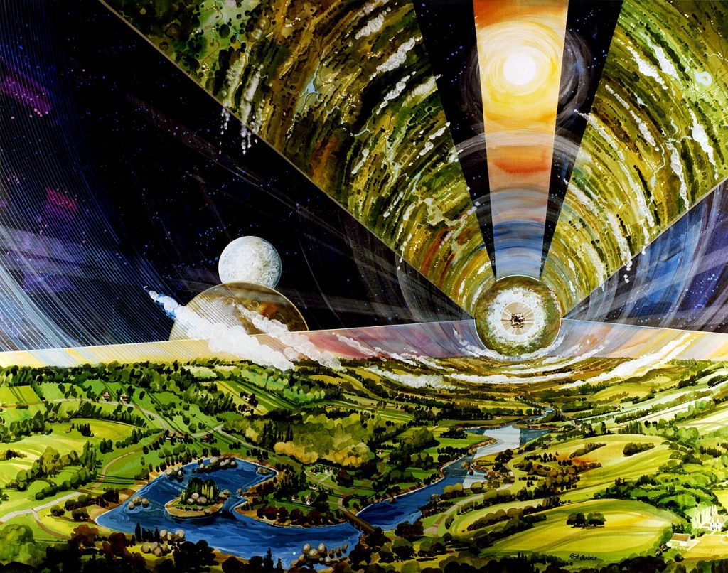Interior view of space colony 1970s painting. NASA Ames Research Center.