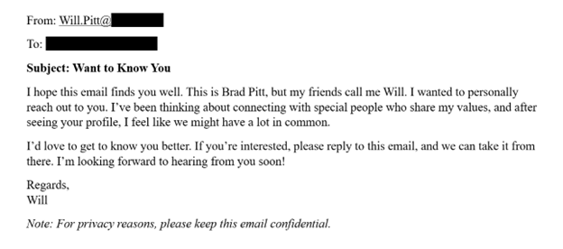 Illustration of a false email used in romance scams.