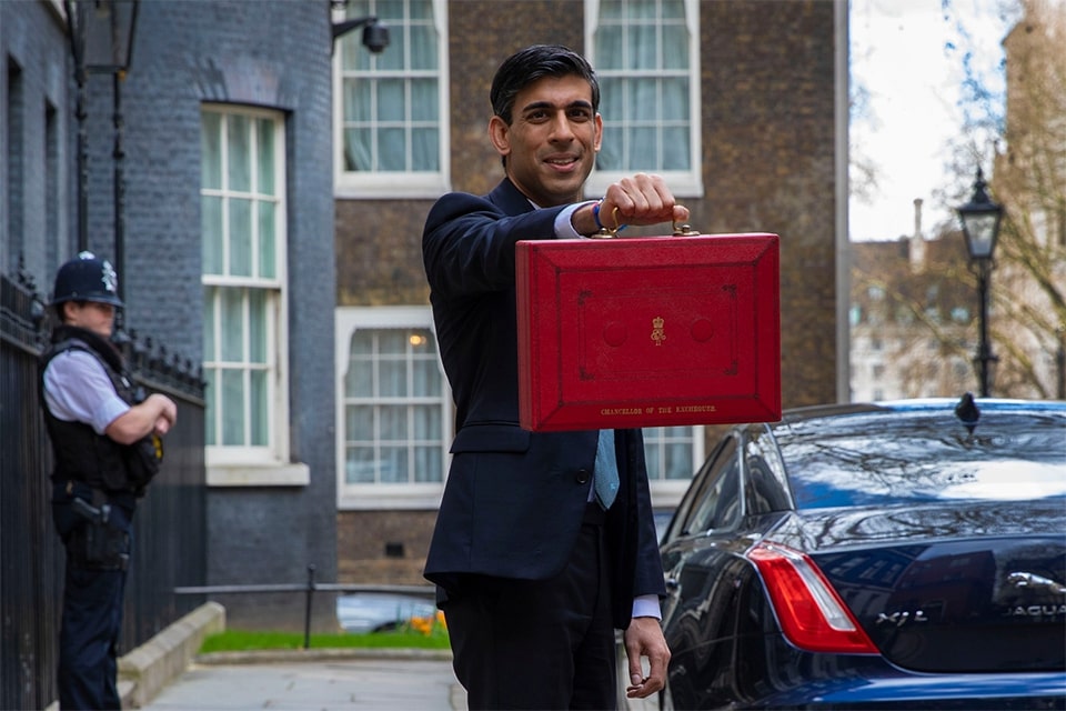 Former U.K. Prime Minister Rishi Sunak holding the iconic red Budget Box in 2020 to present the fiscal policy decisions and introduction of the IHT fiscal drag.