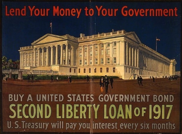 Historic Liberty Loan poster from 1917 showing the U.S. Treasury Building and promoting government bonds during World War I. The period with the highest inflation.