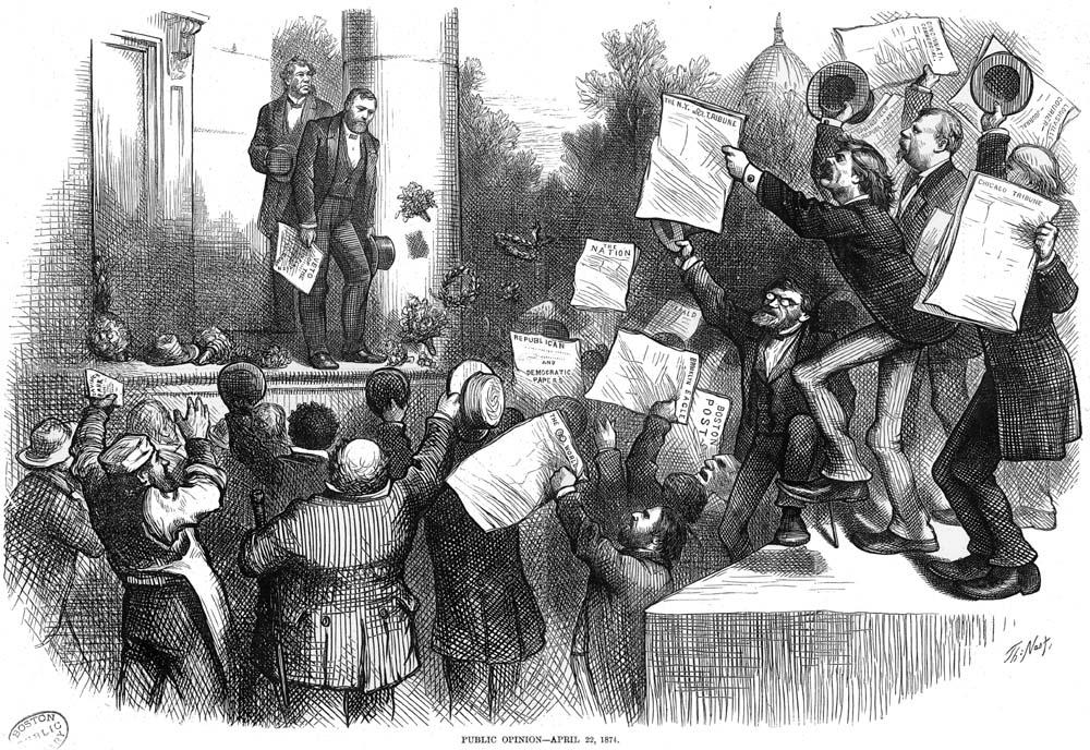 Illustration of U.S. President Ulysses S. Grant standing on a platform in 1874, addressing the public after vetoing the Inflation Bill, a policy proposed to stimulate the economy during the 1873 financial panic.