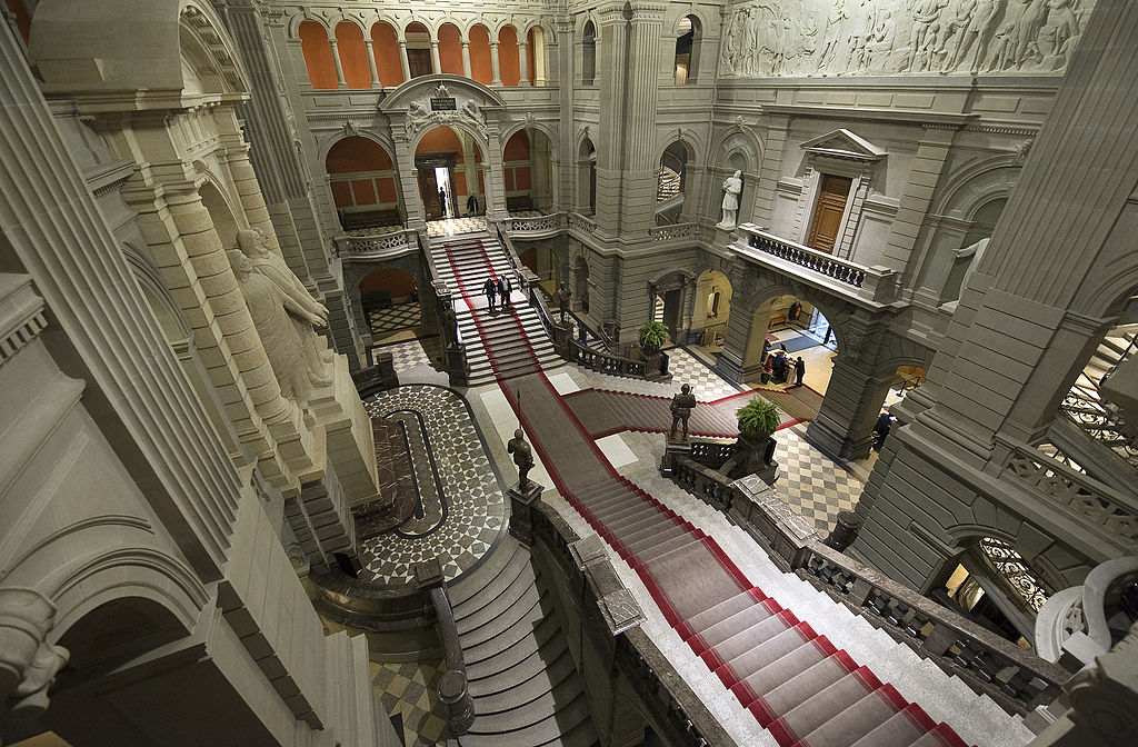 Dome hall inside the Federal Palace of Switzerland in Bern. Serves as a center for political decision-making.