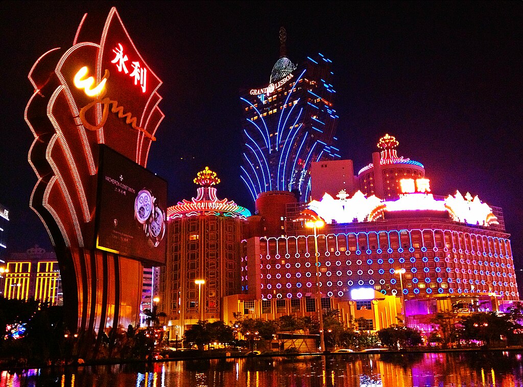 Casino by night in Macau. An Asian gambling hub with many high-stakes Chinese players.