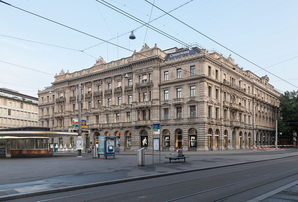 Credit Suisse headquarters in Zurich, Switzerland by Thomas Wolf. Known to respect bank secrecy and used to hide assets. Bad financial management led to its acquisition by UBS.
