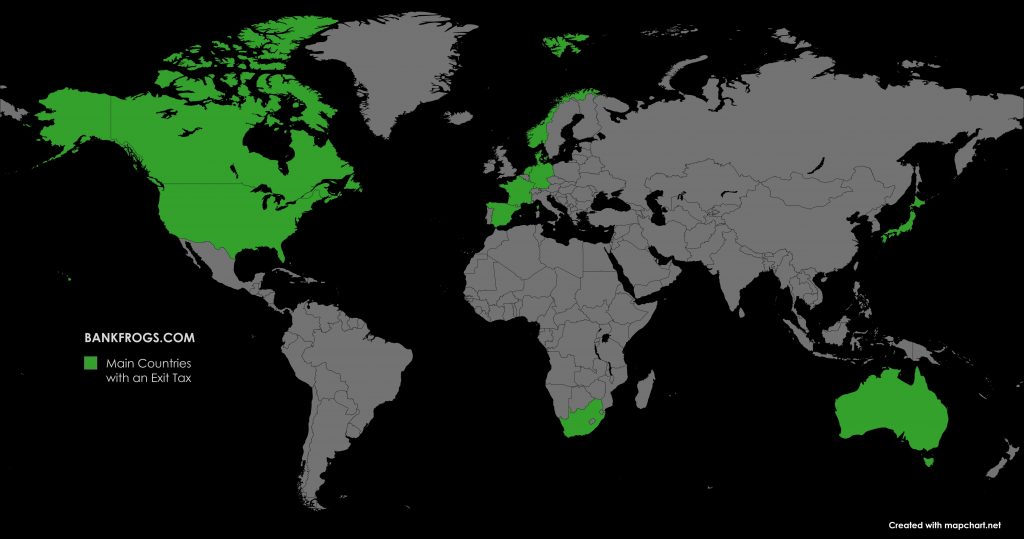 World map highlighting countries with exit tax policies which can affect global mobility.