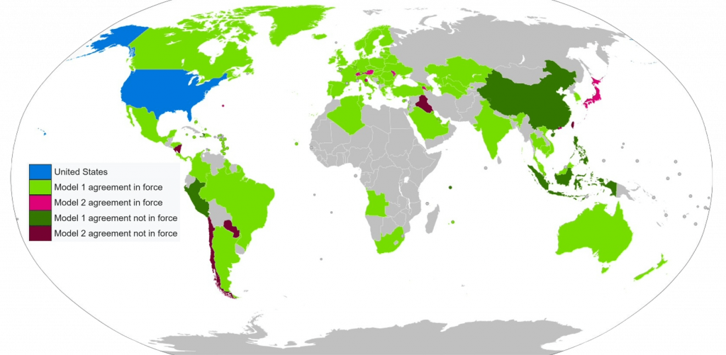 Map of countries with a tax agreement (Model 1 or Model 2) with the U.S. To facilitate tax information exchange as of 2014.