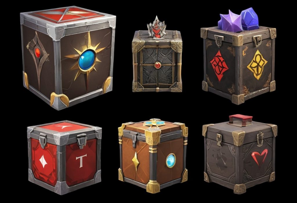 Collection of gaming loot boxes. These are usually unlocked with in-game virtual currencies.