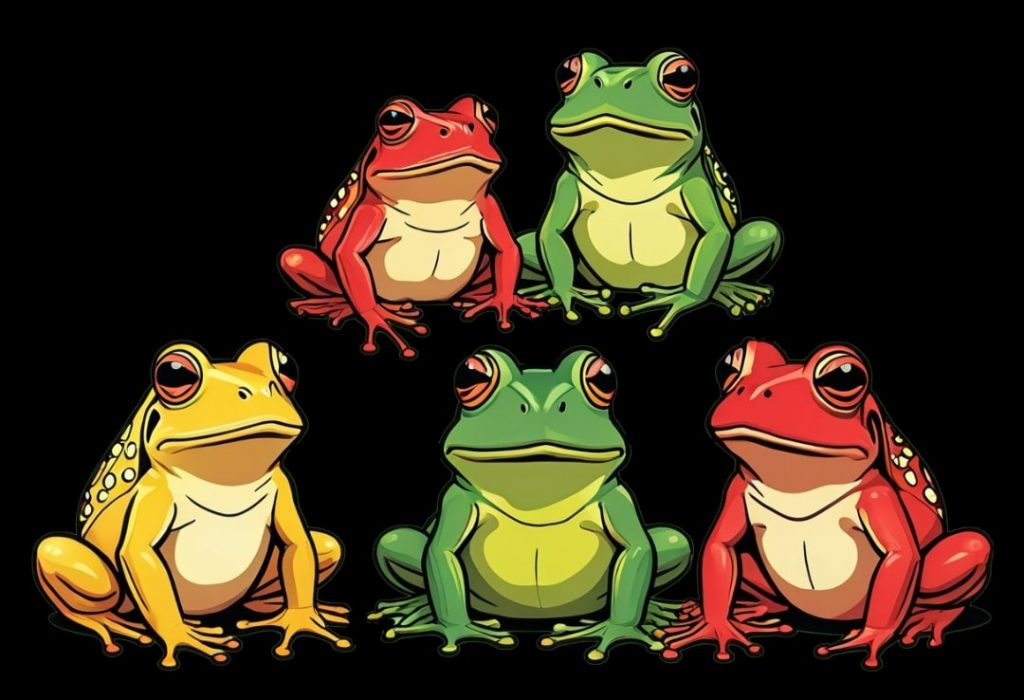 Bank frogs forming a pyramid structure, symbolizing MLM and pyramid schemes.