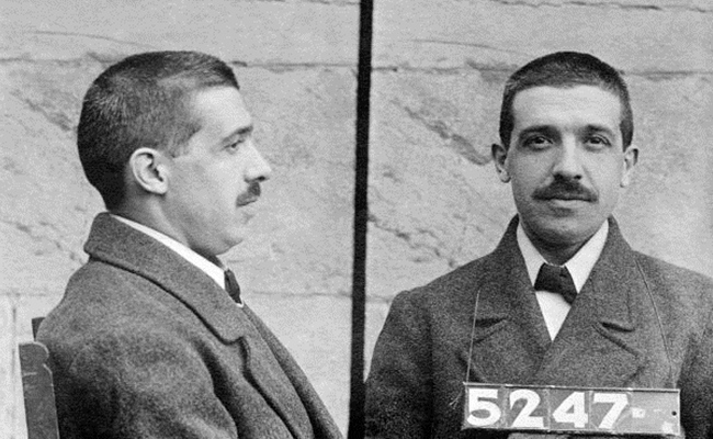 Mug shot of Charles Ponzi, the con artist behind the famous Ponzi scheme. Another form of financial fraud different from the pyramid scheme.