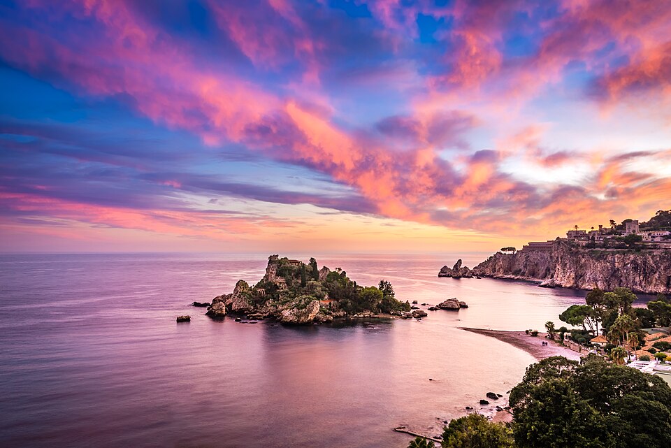 Isola Bella at night, featured in The White Lotus Season 2 taking place in Italy.