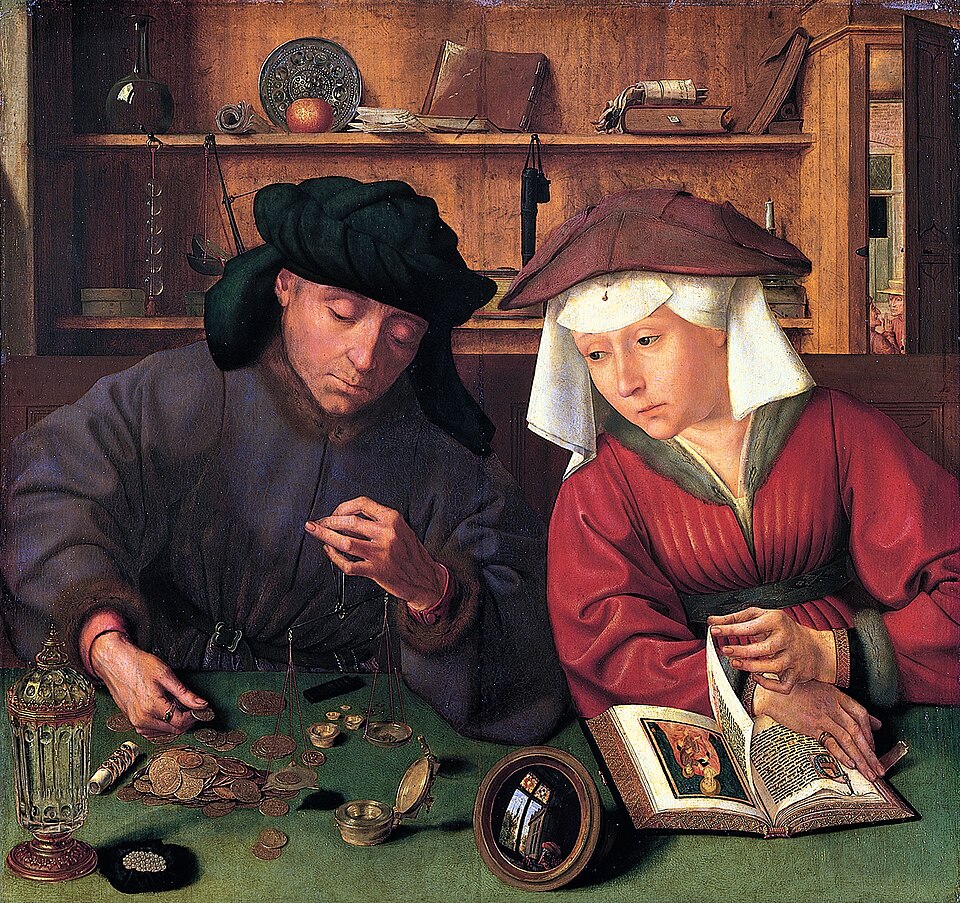 Painting of Quentin Matsys, a money lender, and his wife. Representing medieval European banking practices with money lenders, the forerunners of modern bankers.