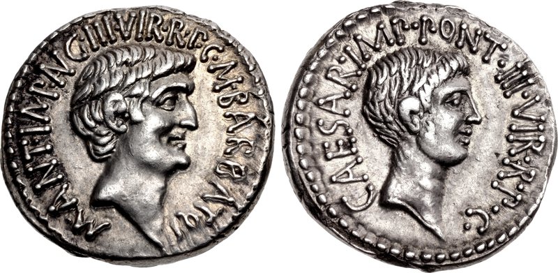 Roman denarius coin featuring Octavian and Mark Antony. Symbol of political power and monetary control in the Roman economy.
