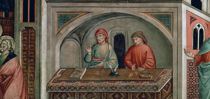 Fresco detail depicting two ancient bankers conducting transactions. Illustrates the origins of banking.