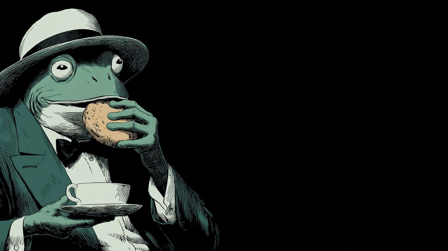 Bank frog eating a cookie while reading a legal disclaimer.
