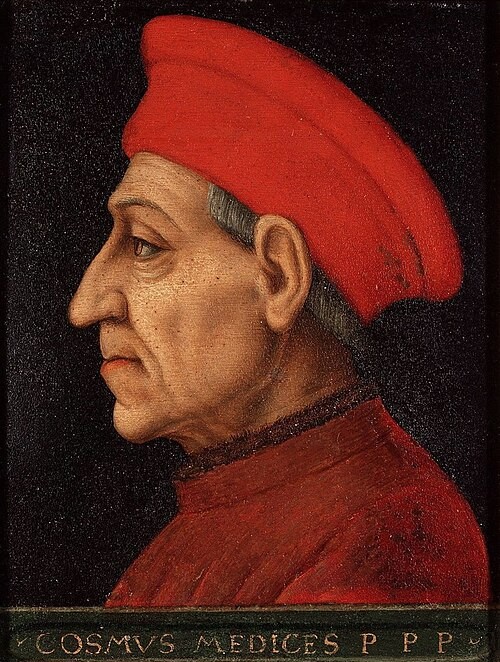 Posthumous portrait by Agnolo Bronzino honors Cosimo de' Medici, who expanded the Medici Bank into a dominant force in Europe and secured the Medici legacy for generations.