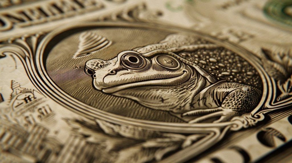 Detail of frog bank bill, a fiat currency. Counterfeit paper currency.