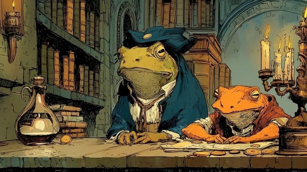 Frog money lenders. Representing medieval European banking practices with money lenders, the forerunners of modern bankers.