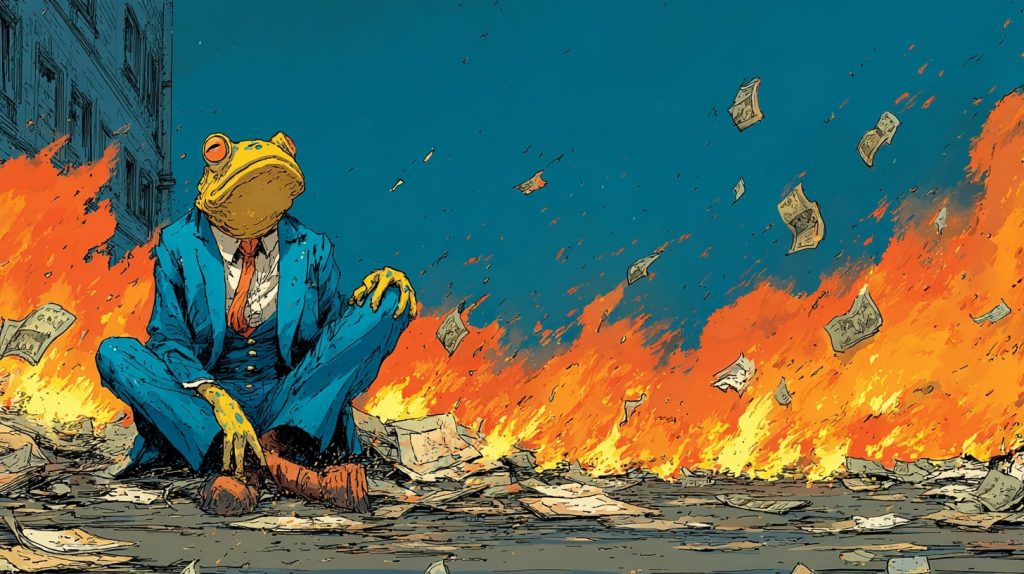 Drawing of bank frogs sitting on a burning pile of money, symbolizing the destructive effects of inflation