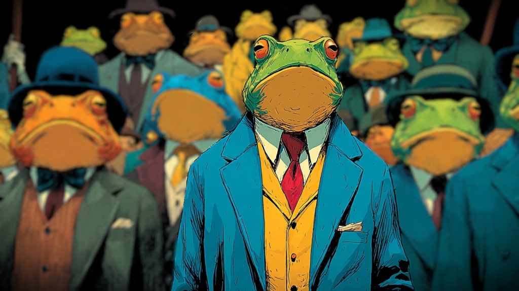 Cover image of average bank frog in crowd of bank frogs. Illustrates article on American family finances.