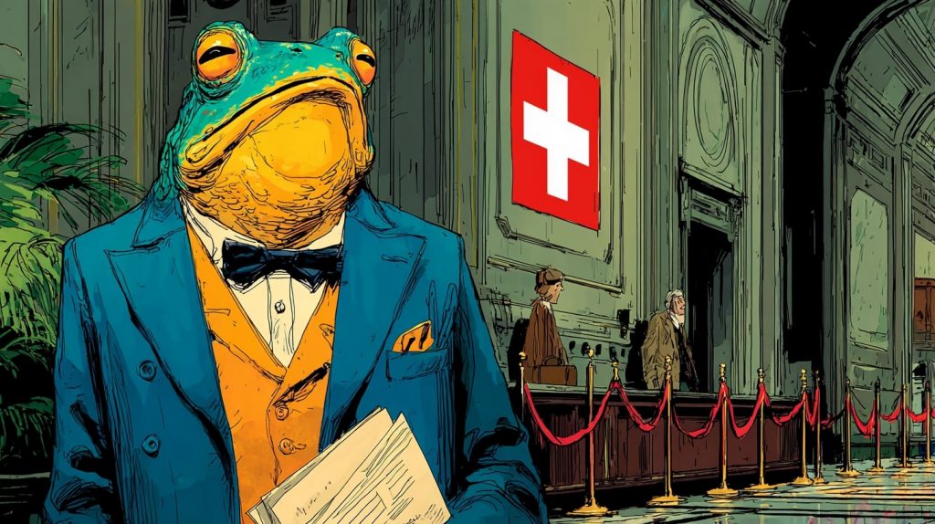Swiss bank frog hiding assets in a Switzerland.