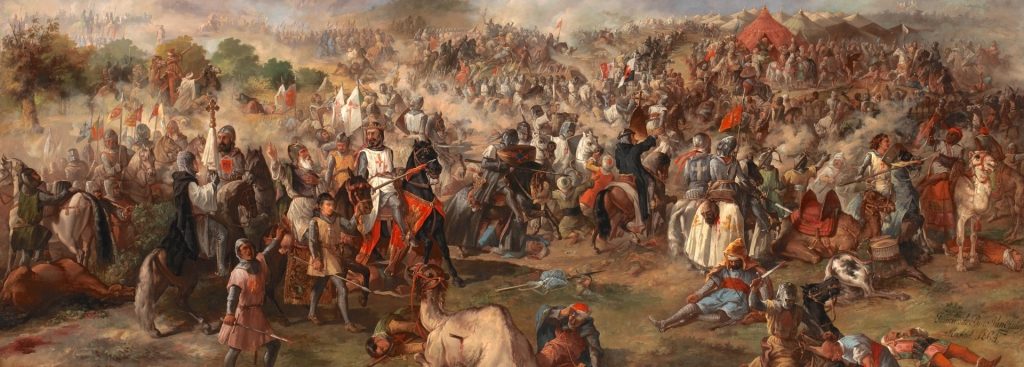 1212 Battle of Las Navas de Tolosa by Francisco van Halen 1864. Knights Templar in a key military and religious campaign between Christians and Muslims in the Iberian Peninsula.