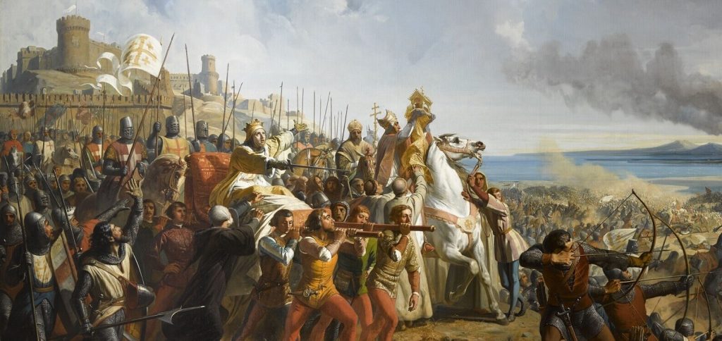 Painting of the 1177 Battle of Montgisard by Charles-Philippe Larivière. Depicts the Knights Templar in a pivotal Crusader victory.