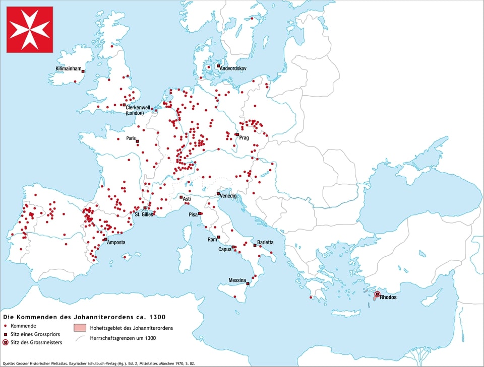 Knights Hospitaller establishments in 1300 medieval Europe by Marco Zanoli. Illustrates the physical locations the Knights Hospitaller had and the political power this represented.