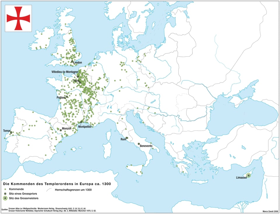 Knights Templar establishments in 1300 medieval Europe by Marco Zanoli. Illustrates the physical locations the Templars had and the financial and political power this represented.