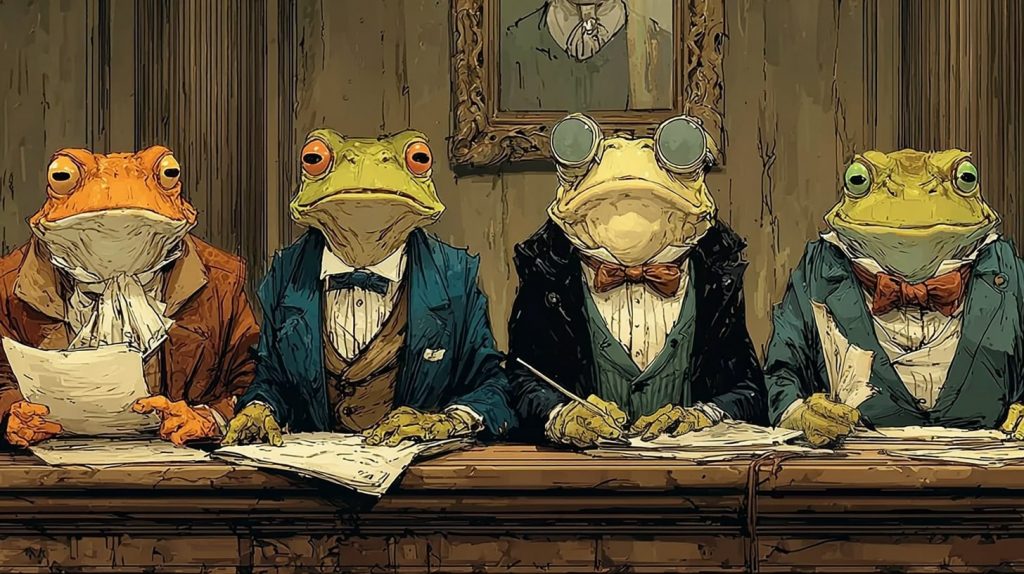 Legal frogs drafting legal disclosures for the Bank Frogs privacy policy.